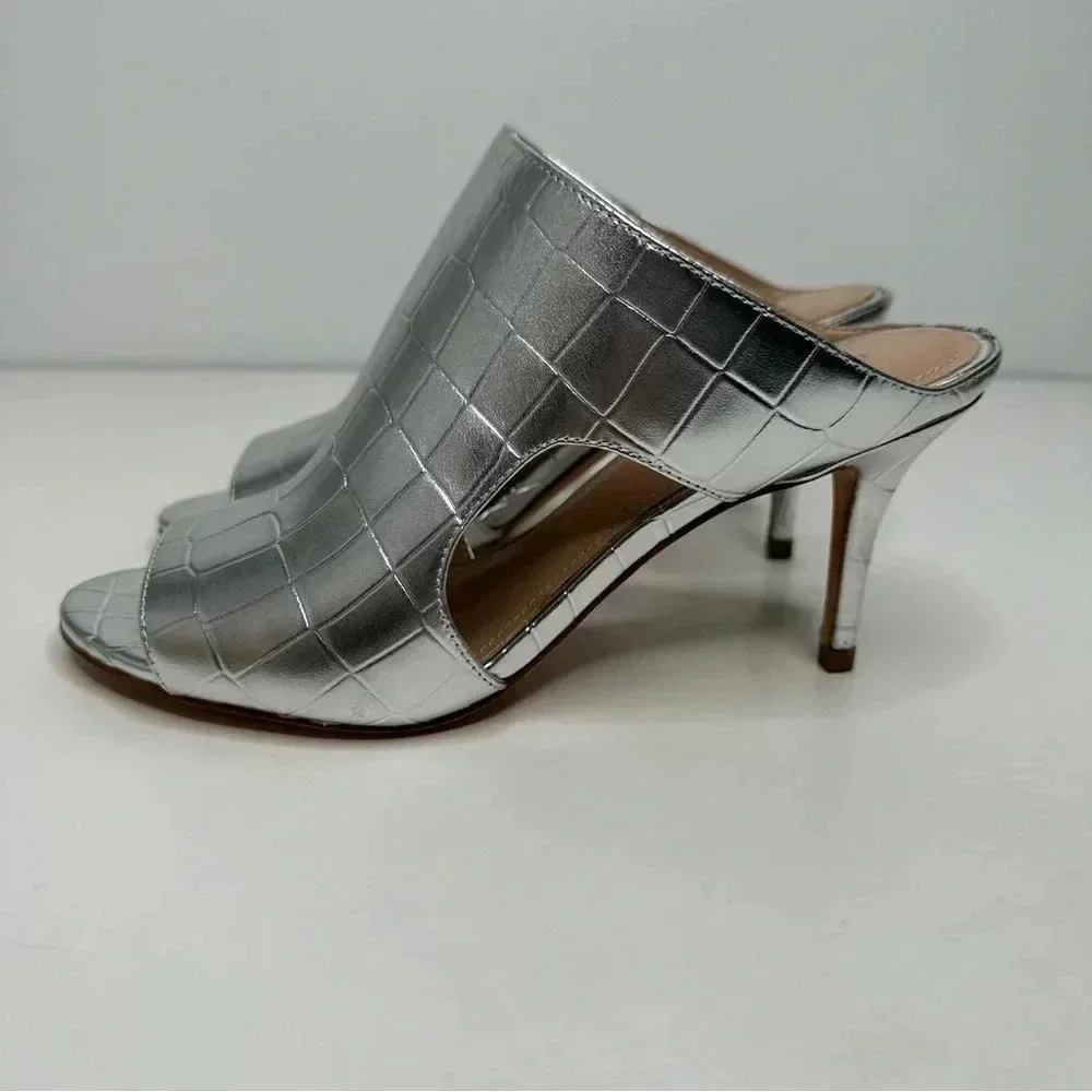 Pour La Victoire Silver Crocodile Slip-On Open Toe Heels Size 6